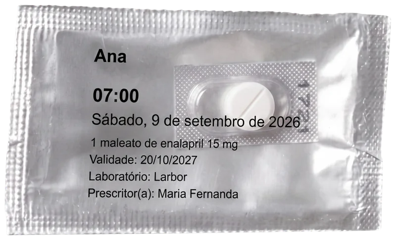 Blister BlissCare com nome do paciente, horário, data, medicamento, validade, laboratório e prescritor impressos na embalagem